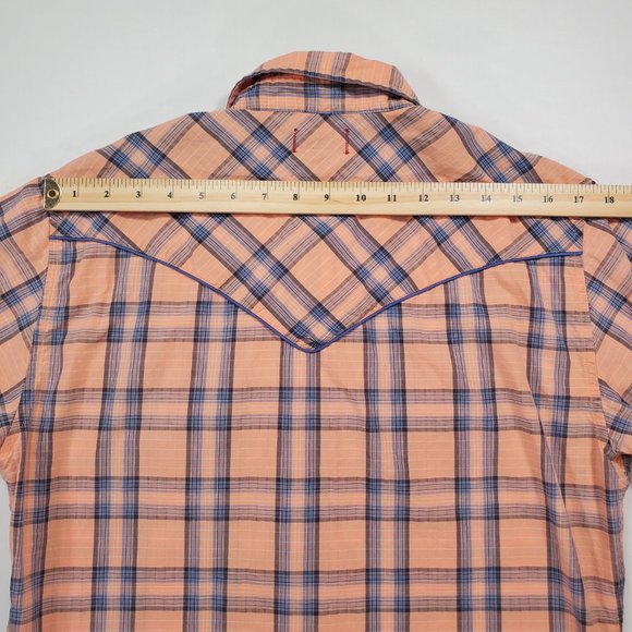 Guess Shirt Mens Medium Light Salmon Plaid Unique Wood Snap Rodeo Cowboy Western - Picture 12 of 15